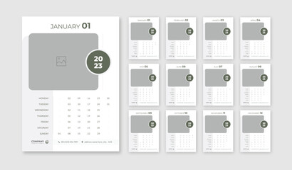 Wall Monthly Photo Calendar 2023, 12 months templates, vector template,