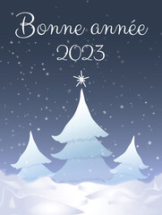 Bonne année 2023 décor hiver de nuit étoilée sapins dans la neige 