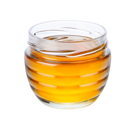 Honey isolated on white or transparent background. Glass jar with honey.