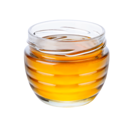 Honey isolated on white or transparent background. Glass jar with honey.