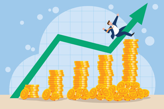 Business man investing investment on index stock growing wealth with compound interest, earning or profit concept, success man investor ride the upright index graph.  Make money coins grow up 