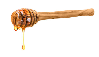 Honey isolated on white or transparent background. Honey dipper with drop of honey.