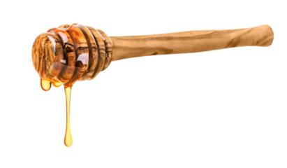 Honey isolated on white or transparent background. Honey dipper with drop of honey.