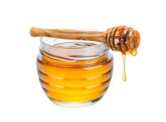 Honey isolated on white or transparent background. Jar with honey and honey dipper with drop of honey - Powered by Adobe