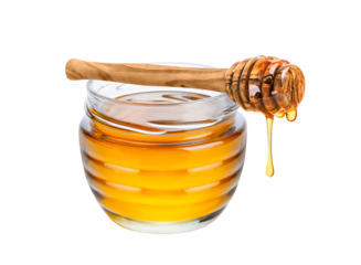 Honey isolated on white or transparent background. Jar with honey and honey dipper with drop of honey