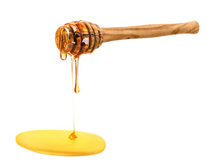 Honey isolated on white or transparent background. Honey dipper with drop of honey. - obrazy, fototapety, plakaty