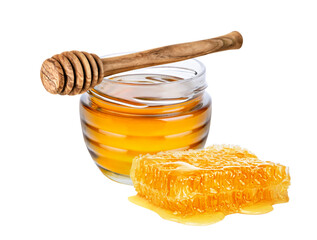 Honey isolated on white or transparent background.  Jar with honey, honeycomb and honey dipper with drop of honey