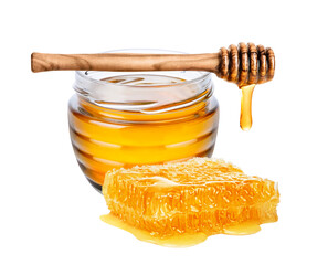 Honey isolated on white or transparent background.  Jar with honey, honeycomb and honey dipper with...