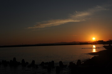 Sunset with a clear blue sky at the beach at the sea in Japan