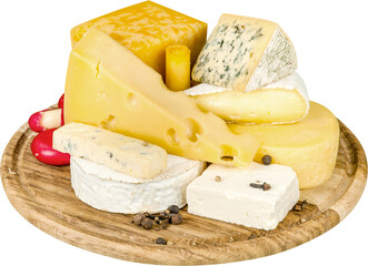 Various Kinds of Cheeses on the Wooden Platter - Isolated