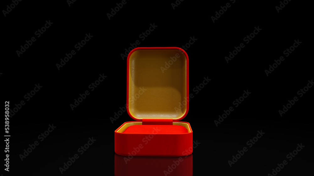 Poster red and goldish opened empty bijouterie giftbox with reflection on black, isolated - object 3d illus