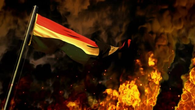 waving Yemen flag on burning fire background - catastrophe concept