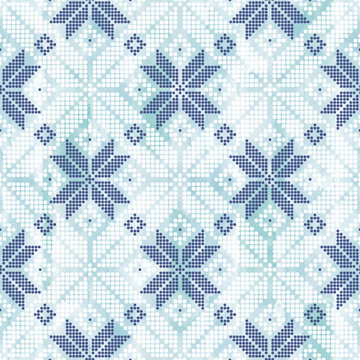 Fototapeta Abstract winter seamless pattern on blue watercolor background. Scandinavian theme. Geometric decor of polka dots.Perfect for design templates, wallpaper, wrapping, fabric and textile.