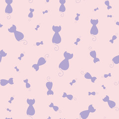 seamless repeat pattern with cute simple purple cats scattered floating on a pink background perfect for fabric, scrap booking, wallpaper, gift wrap projects