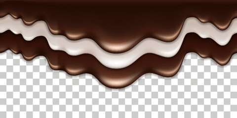 Chocolate cream and milk wave splash; liquid flowing texture wave swirl; white cream and dark brown chocolate. Melted drip isolated on white background. Vector illustration