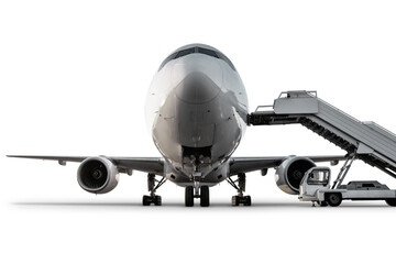 Front view of the white wide body passenger jet plane with air-stairs isolated on transparent background