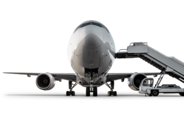 Front view of the white wide body passenger jet plane with air-stairs isolated on transparent background