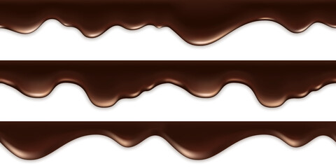 Chocolate wave, melted cliquid drip, isolated waves on white background. Cream texture, dark brown swirl pattern, flowing thick hot chocolate. Vector illustration