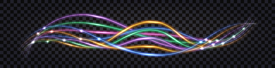 Electric wave swirl, glowing light effect. colorfull fiber optic wavy lines. Dynamic impulse waves, thunder bolt and sparks. Cyber technology, digital data, isolated transparent vector illustration