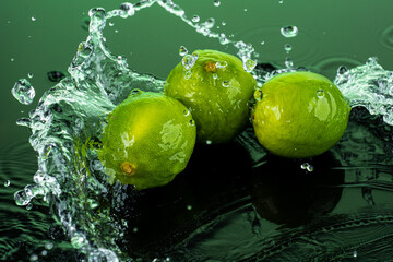 three whole limes on dark glass with reflection