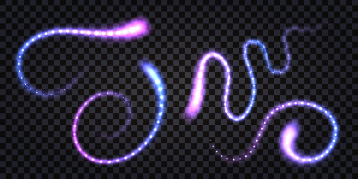 Neon glowing light swirl, laser beam, spark trail with thunder bolt.Purple and blue wavy luminous lines and neon led sparkles. Isolated transparent set on dark background. Vector illustration