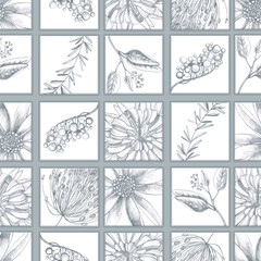 Floral seamless pattern with hand drawing wild flowers. Simple botanical design for fabrics, tile mosaic, scrapbooking.