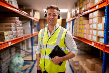 Portrait Of Male Worker Wearing Headset In Logistics Distribution Warehouse Using Digital Tablet