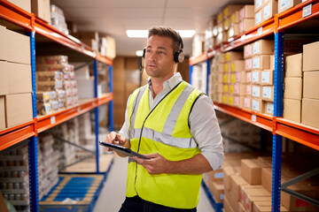 Male Worker Wearing Headset In Logistics Distribution Warehouse Using Digital Tablet