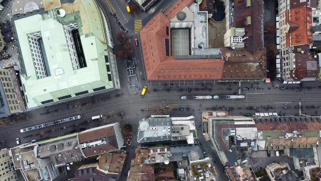 Zurich, Switzerland: Aerial static drone footage of the famous Bahnhof street that crosses Zurich business and financial district in Switzerland largest city. 