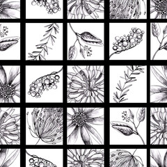 Floral seamless pattern with hand drawing wild flowers. Simple botanical design for fabrics, tile mosaic, scrapbooking.