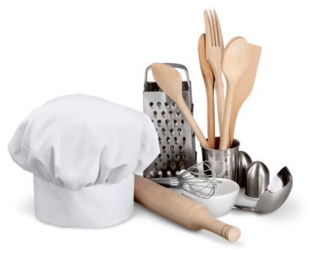 Kitchen Utensil with cook Hat isolated on white