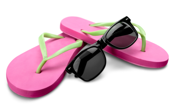 Red flip flops and sunglasses on white