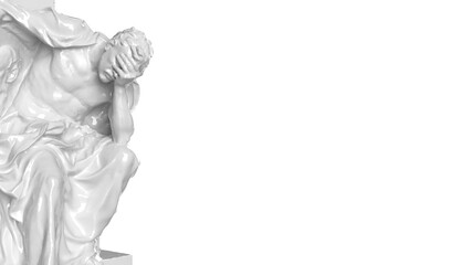 3d render statue of an antique man, sad, propped his head with his hand, there is a place for text