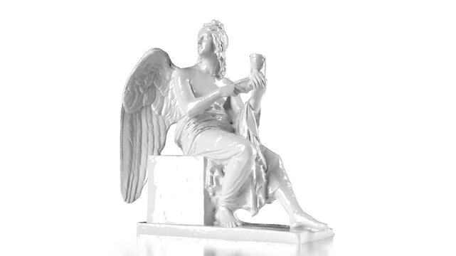 3d render statue of a glossy white angel with wings