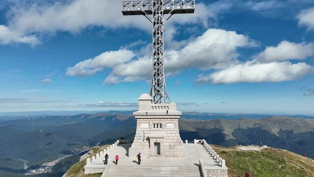 View of the Cross of Heroes on Mount Caraiman in the Bucegi Mountains, Romania