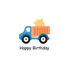 Truck with present. Vector illustration on a white background. For kids stuff, card, posters, banners, children books, printing on the pack, clothes, fabric, wallpaper, textile or dishes.