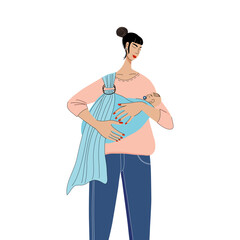 Mother and newborn in sling. Family portrait. Concept of pregnancy and motherhood. Hand drawn vector illustration.