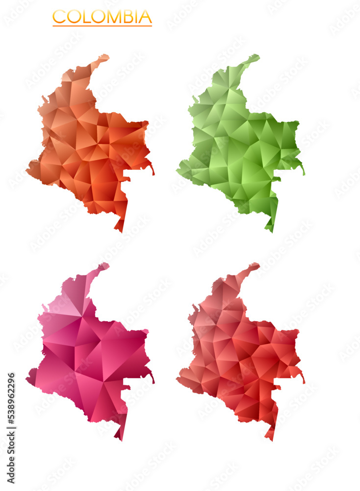 Poster set of vector polygonal maps of colombia. bright gradient map of country in low poly style. multicol