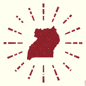 Uganda Logo. Grunge sunburst poster with map of the country. Shape of Uganda filled with hex digits with sunburst rays around. Neat vector illustration.