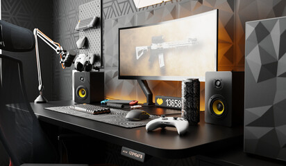 A general view of the comfortable workplace of a professional gamer and cybersprotsman. The interior is in dark colors. 3D render.