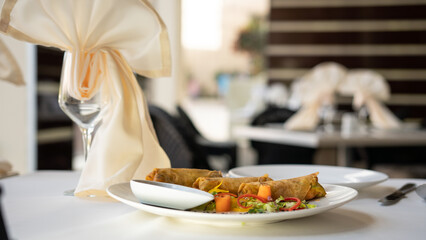 Tasty Spring rolls on a white plate with fresh salad. black background. 