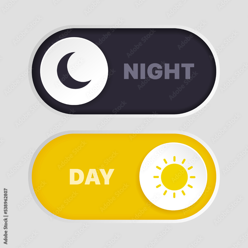 Aufkleber On and off toggle switch buttons. Light and Dark mode buttons. Day and night mode switch buttons for mobile app, web design, animation.