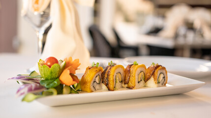 Beautiful served vegetarian sushi rolls on a plate. With natural vegetables and sauce. Black...