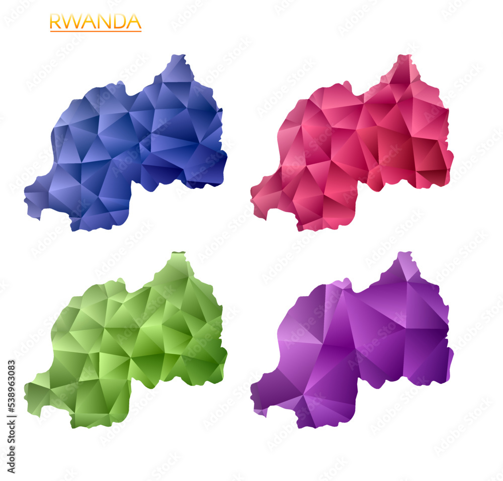 Poster set of vector polygonal maps of rwanda. bright gradient map of the country in a low poly style. mult