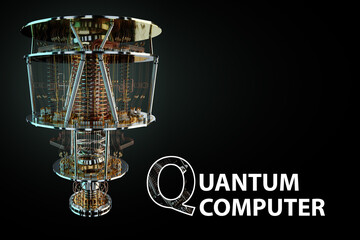 Fototapeta na wymiar Lettering Quantum computer and gold silver mechanism isolated on black. mechanism, quantum computing, quantum cryptography, steampunk, Q bits, parallel computing. 3D illustration, 3D render.