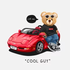 Fotobehang cool guy slogan with cool bear doll standing by red car vector illustration © tsuponk