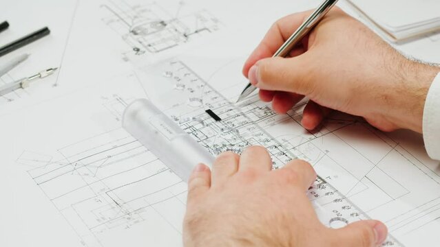 Architect man drawing plan blueprint close-up. Professional designer engineer working, interior creator making architectural house project, drafting building.