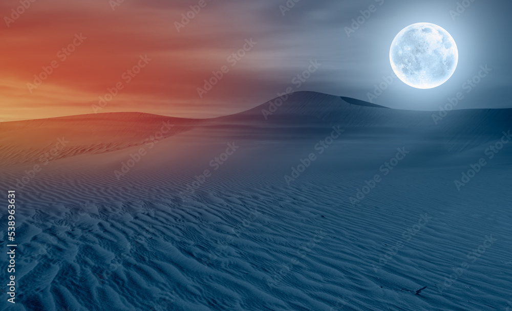 Poster night sky with full moon in the clouds on the foreground hot desert at night 
