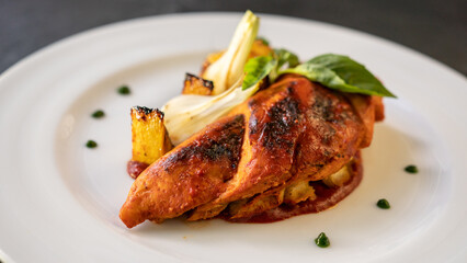 baked chicken breast with vegetables, onions and green leaves. black background