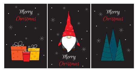 Seasonal greetings. Christmas Scandinavian cards. Cute little gnome in a red cap. Merry Christmas and Happy New Year. Vector illustration in cartoon style. Vintage postcard Noel on a black background.